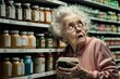Old woman trying to steal a product from supermarket shelf, concept of stealing in supermarkets,  created with Generative AI technology