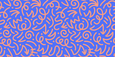 Fun line doodle seamless pattern. Creative abstract squiggle style drawing background for children or trendy design with basic shapes. Simple childish scribble wallpaper print.