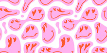 Funny Melting Happy Face In Love Colorful Cartoon Seamless Pattern. Retro Psychedelic Pink Smile Icon Background Texture For Valentine's Day Or Romantic Concept. Trendy Character Doodle Wallpaper.