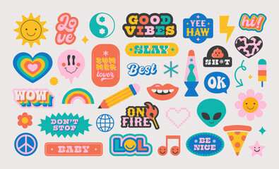 Wall Mural - Colorful vintage label shape set. Collection of trendy retro sticker cartoon shapes. Funny comic character art and quote sign patch bundle.