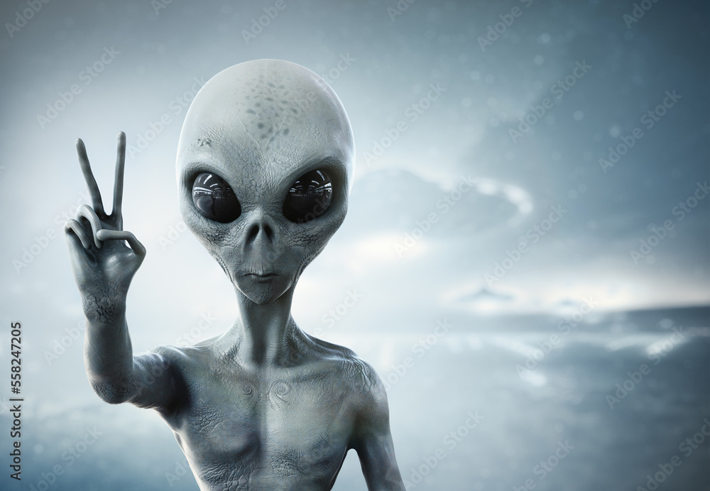 alien showing peace sign, 3d render