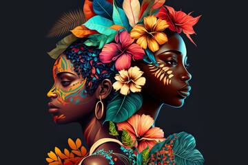 Portrait beautiful African american Womans combined with flowers