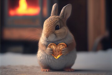 Wall Mural - Cute easter bunny rabbit holding a heart by the fireplace, winter cold. Generative AI