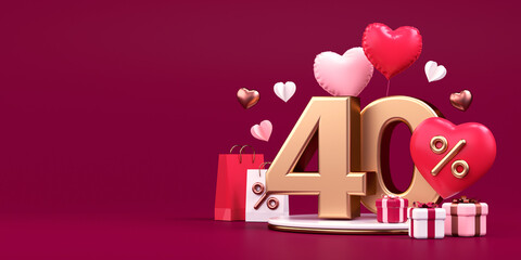 Canvas Print - Valentines Day sale offer flyer with 40 percent discount, copy space, hearts and gifts in 3D rendering