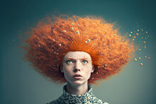 Portrait closeup of a woman with ginger red hair, strange hairstyle, generative ai illustration