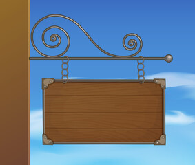 Wall Mural - Old-style street sign made of dark wood vector illustration on the blue sky background, mounted to the wall