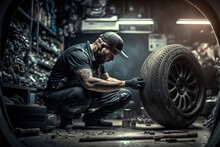 Automotive Car Mechanic Working In The Garage And Changing A Tire From Light Wheels. Repair Or Maintenance Of Auto Service.