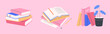 Pile of books for reading. Stack of various textbooks in hardcover, open notebook on a pink background. World book day. Literature, education concept. Isolated flat vector illustration