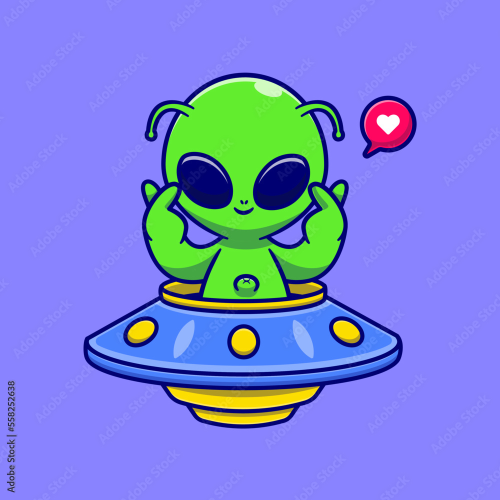 Cute Alien Riding UFO With Love Sign Cartoon Vector Icon Illustration ...