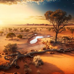outback australia landscape down under, red sandy desert landscape of the australian outback gum tre