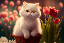 Cute White Cat In A Wicker Basket On A Background Of Red Tulips