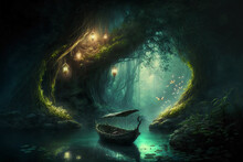 Fantasy Forest River With Boat Scene AI Generative	