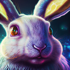 Neon iridescent psychedelic rabbit. Generative AI. Not based on any