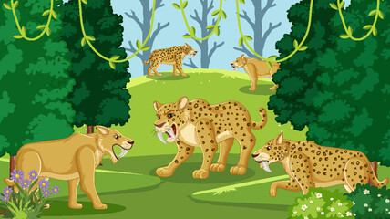 Sticker - Saber toothed cat group in the forest