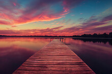 Colorfull Wooden Pier On A Lake That Is Totally Calm During Sunset