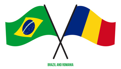 Brazil and Romania Flags Crossed And Waving Flat Style. Official Proportion. Correct Colors.