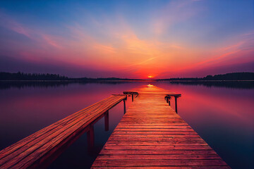  colorfull wooden pier on a lake that is totally calm during sunset