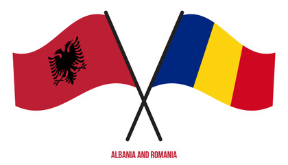 Albania and Romania Flags Crossed And Waving Flat Style. Official Proportion. Correct Colors.