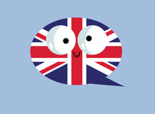 Joyful Speech Bubble In English Language Vector Cartoon Character. Funny Character Symbol Of Communicating In A Foreign Language
