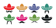 Cartoon Colorful Traditional Ornate Mexican Hat Sombrero And Mustache. Isolated On White Background. Vector Icon Set.
