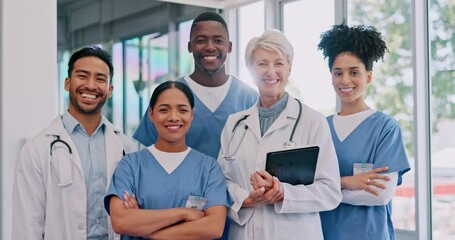 Canvas Print - Hospital, portrait and team of medical doctors standing in the lobby with a tablet before a meeting. Teamwork, smile and happy professional healthcare workers in collaboration in a medicare clinic.