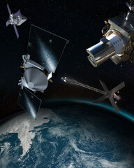 Wall Mural - spaceships over the earth. group of different spaceships of variety shapes and sizes from many count