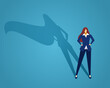 © Frogella.stock - Businesswoman standing with superhero shadow, confident female. Vector of superhero businesswoman, woman power in business, success concept, standing character hero, strength leadership illustration