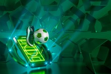 3d Football Object Design. Realistic Rendering. Abstract Futuristic Background. 3d Illustration. Motion Geometry Concept. Sport Competition Graphic. Tournament Game Bet Content. Soccer Ball Element.