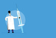 COVID-19 Coronavirus vaccination international campaign. Flat vector illustration with a black woman doctor holding a syringe, wearing protective gloves and face mask. Vaccine against covid 19.