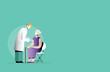 COVID-19 Coronavirus vaccination international campaign flat vector illustration. Man doctor holding a syringue vaccinating an old lady. Two people wearing a face mask.Vaccination of the elderly.