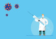 COVID-19 Coronavirus vaccination international campaign. Vaccine treatment against covid. Flat vector illustration of a young man doctor holding a syringe, wearing a face mask and protective gloves.