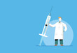 COVID-19 Coronavirus vaccination international campaign. Vaccine treatment against covid. Flat vector illustration of a young man doctor holding a syringe, wearing a face mask and protective gloves. F