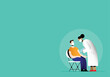 COVID-19 coronavirus vaccination international campaign. Vaccine treatment against covid. Woman doctor holding a syringe vaccinating a young man patient. Flat vector illustration. Vaccine inoculation.