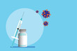 COVID-19 Coronavirus vaccine vector flat illustration. Needle Syringe and bottle with coronavirus representation . International vaccination campaign against pandemic. Medical tools vector.