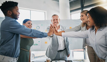 High Five, Diversity Team Celebration And Business People Celebrate Financial Profit Success. Team Building Meeting, Infographics Or Worker Collaboration Workforce Happy With Target Goals Achievement