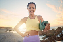 Beach, Fitness And Portrait Of Woman With Yoga Mat Getting Ready For Training, Stretching Or Exercise. Zen Chakra, Sunset And Female Preparing For Pilates Workout For Mindfulness, Health And Wellness