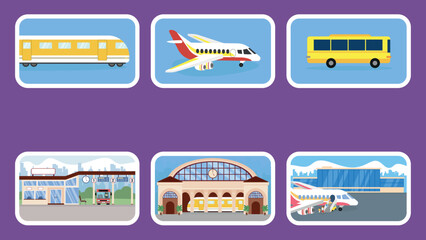 Poster - Train and railway station, plane and airport, bus and bus station