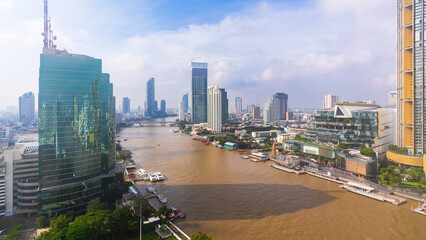 Fototapete - Aerial view Bangkok city skyline over Chao Praya River