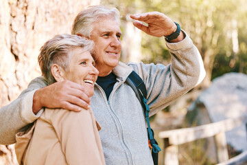 Canvas Print - Fitness, nature view or senior couple hiking in forest woods for peace, freedom or training exercise workout. Love, retirement travel adventure and elderly people trekking on outdoor wellness journey