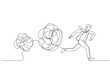 © rina - Drawing of businessman running away from tangled line ball concept of avoid problem. Single continuous line art style