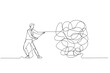 © rina - Cartoon of businessman try to unraveling tangled rope concept of solution and problem solving. One line art style