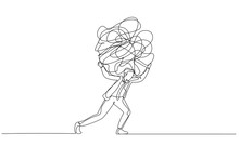 Illustration Of Businessman Carrying Heavy Messy Line On His Back Metaphor Of Stress From Work. Single Continuous Line Art Style
