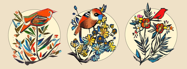 Wall Mural - Bird on tree branch with leaves, flowers and large circle on light beige background. Colorful illustration.