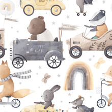 Seamless Pattern Transports With Animals. Watercolor Background. Vintage Cars. Beautiful Pattern For A Child's Room.