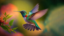 Beautiful Vibrant Colored Humming Birds Flying And Aiming On A Flower Nectar