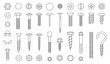 Screw line icons. Nut nail and bolt. Fixation iron river, metal hardware, hook and drill, outline black instruments. Isolated elements for construction. industry vector utter symbols set