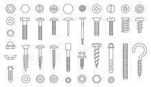 Screw Line Icons. Nut Nail And Bolt. Fixation Iron River, Metal Hardware, Hook And Drill, Outline Black Instruments. Isolated Elements For Construction. Industry Vector Utter Symbols Set
