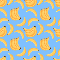 Wall Mural - Banana wallpaper, cute doodles pattern. Funky repeat of fruit, fun bright pop tropical summer food. cartoon minimalistic isolated blue background. Decor textile. Vector seamless garish texture