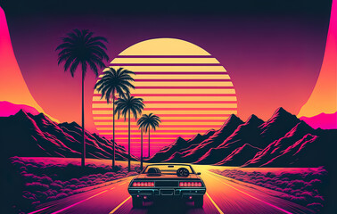 retro futuristic back side view 80s supercar on trendy synthwave, vaporwave, cyberpunk sunset backgr