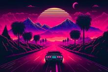 3d Rendering, Road From Geometric Lines Between The Mountains To The Setting Sun.Design In The Style Of The 80s. Futuristic Synthesizer Retro Wave